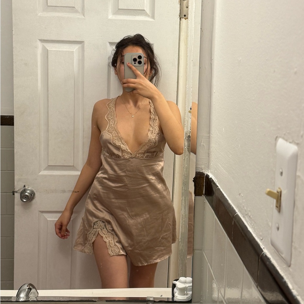 Silky Lace-Trim Slip Dress in Champagne